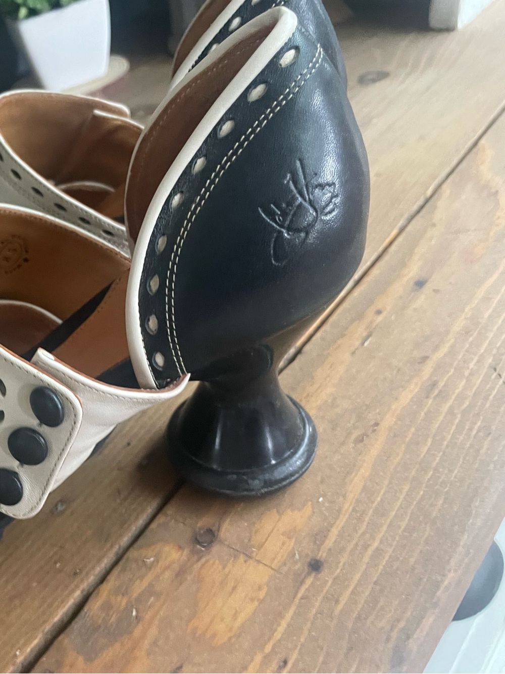 John Fluevog Black and Cream Button-Accent Heels
